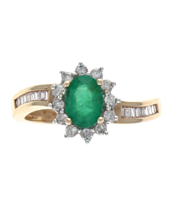 Oval Emerald and Diamond Halo Accent Ring in White and Yellow Gold